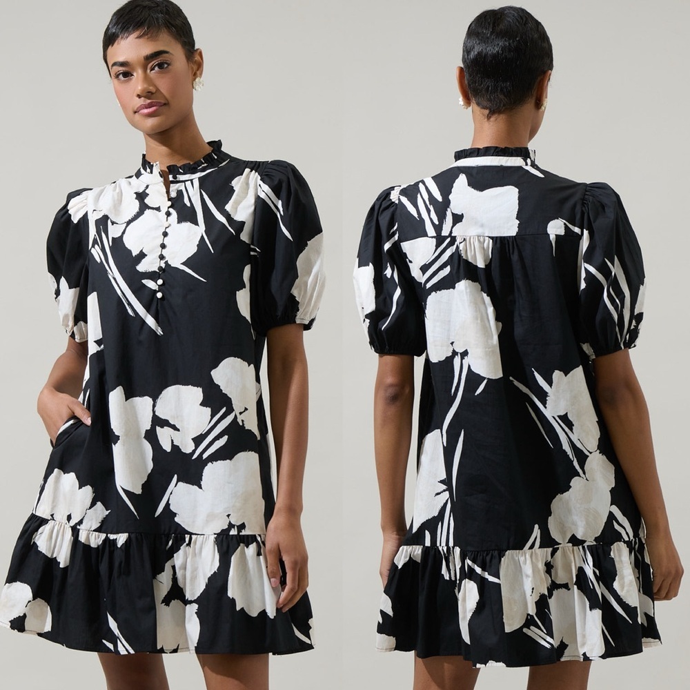 Sugarlips Black White Floral Puff Sleeve Mini Dress
